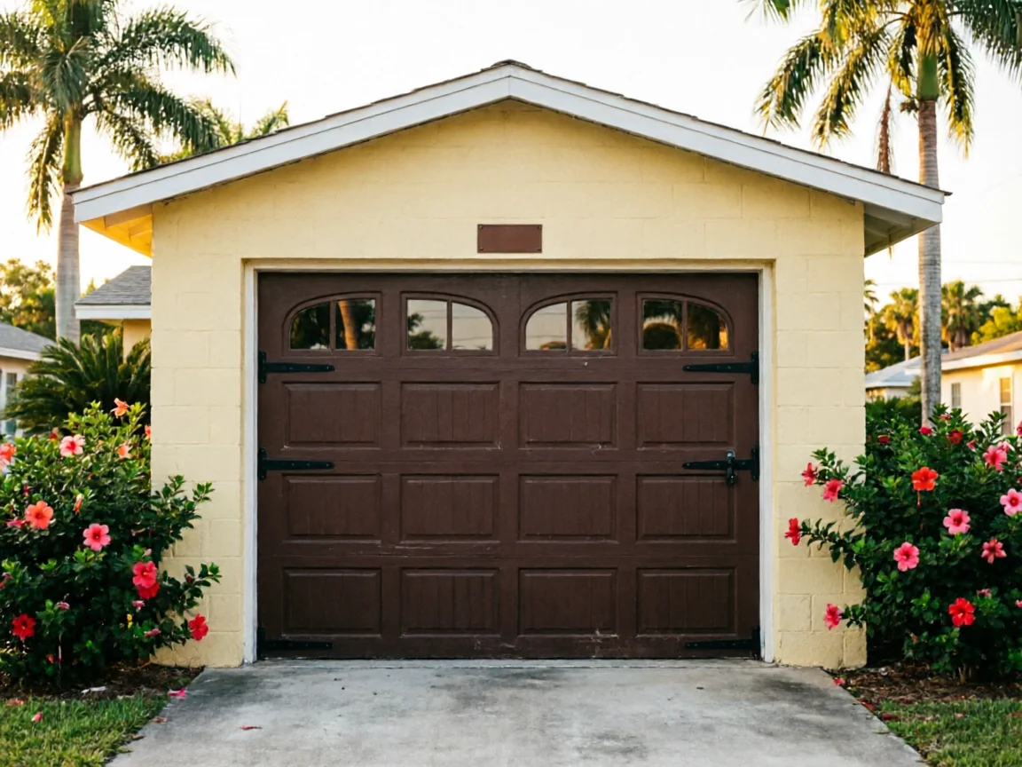 A brown garage door with windows is on a yellow building with hibiscus bushes.