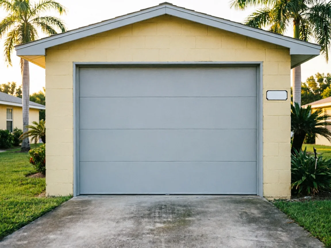 A light gray garage door is on a yellow garage with palm trees.