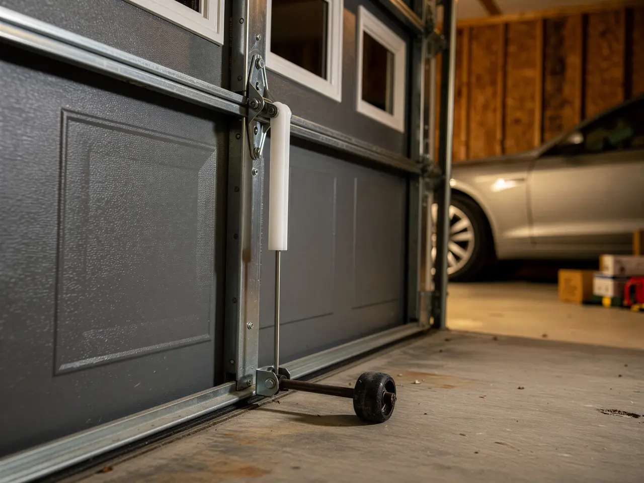 A garage door roller is detached from the gray garage door track.