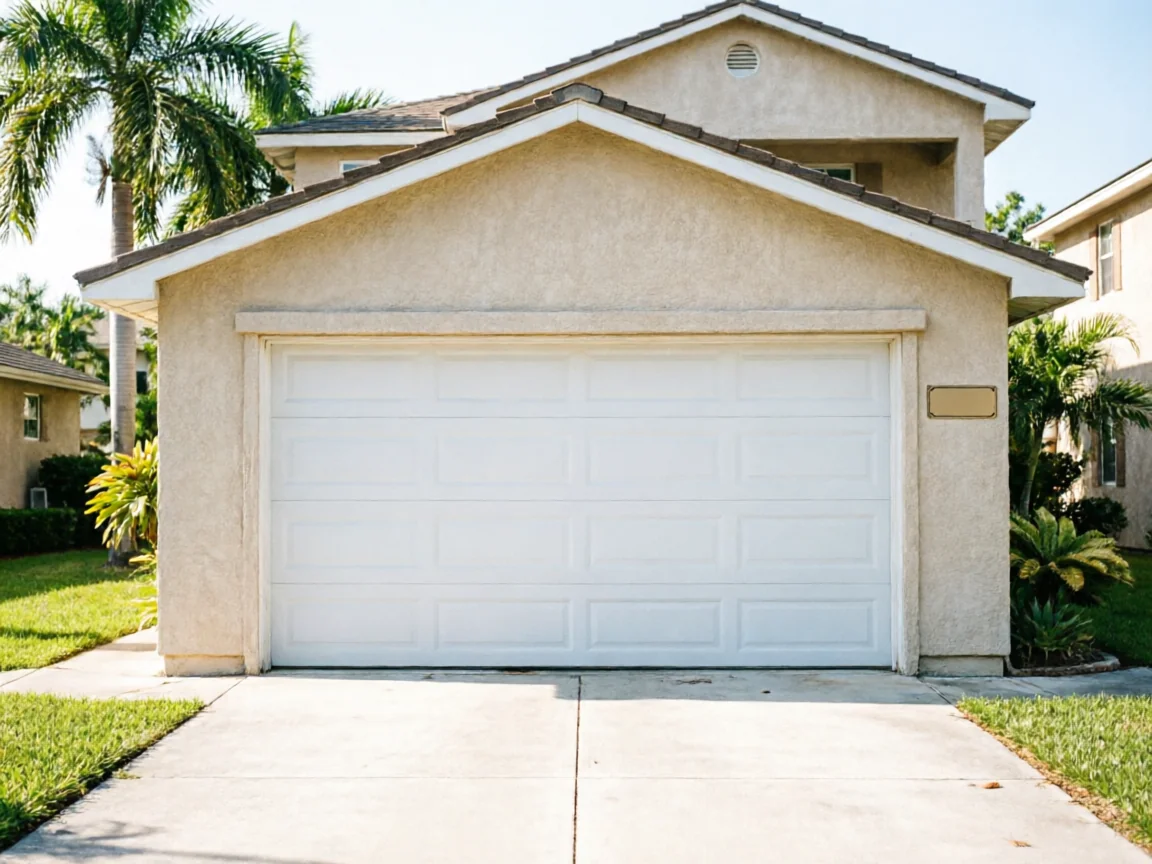 A white paneled garage door is on a beige house with a driveway.