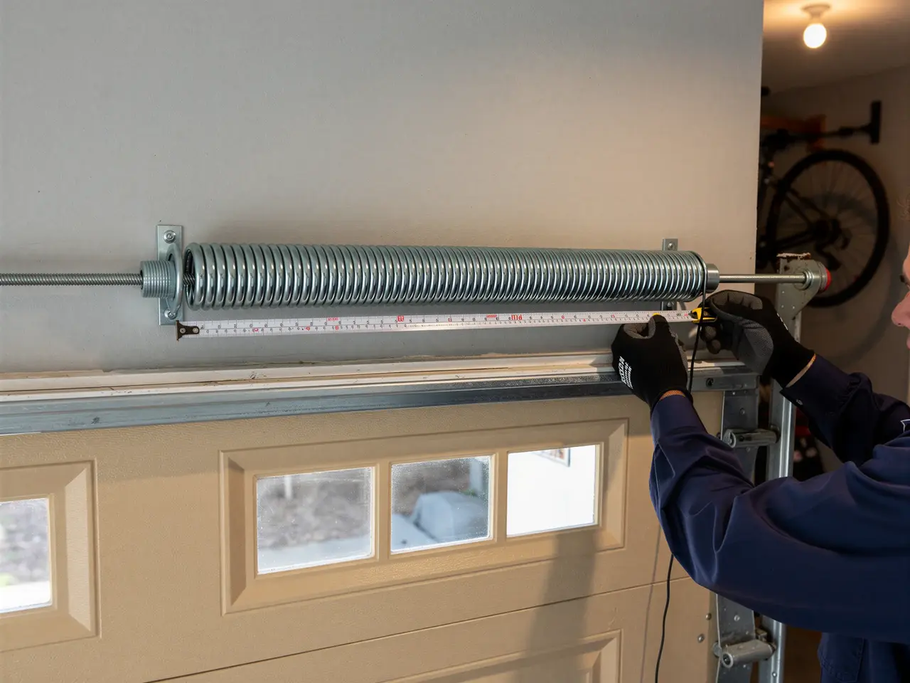 A technician measures a garage door torsion spring with a tape measure.